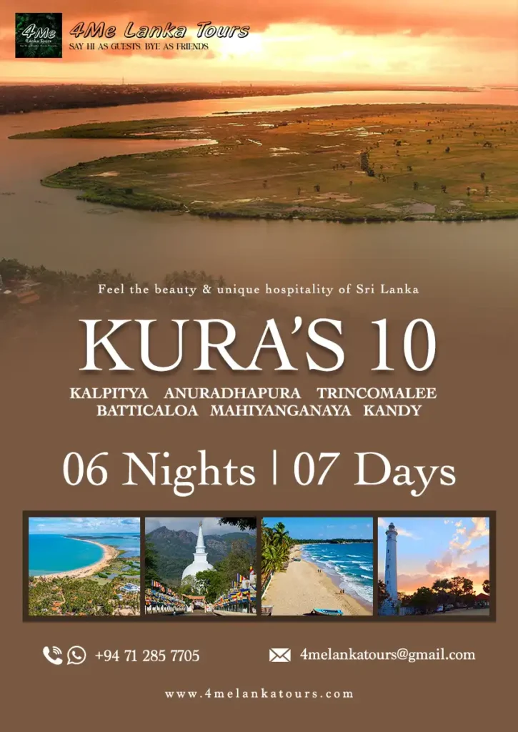 Kura's 10 srilanka tour itinerary Kalpitiya, Anuradhapura, Trincomalee, Batticaloa, Mahiyanganaya & Kandy Map