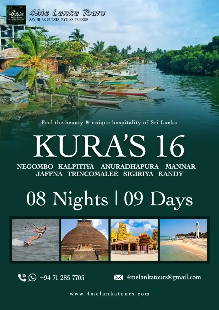 KuRa's 16 srilanka tour itinerary Negombo, Kalpitiya, Anuradhapura, Mannar, Jaffna, Trincomalee, Sigiriya & Kandy Map