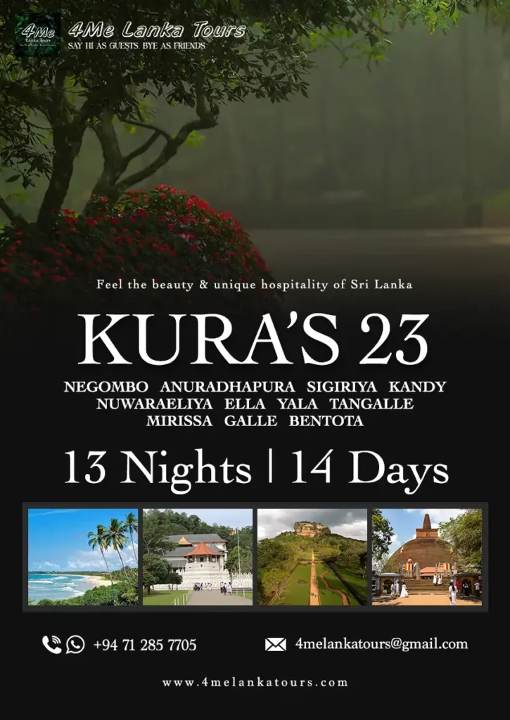 KuRa's 23 srilanka tour itinerary Negombo, Anuradhapura, Sigiriya, Kandy, Nuwaraeliya, Ella, Yala, Tangalle, Mirissa, Galle & Bentota